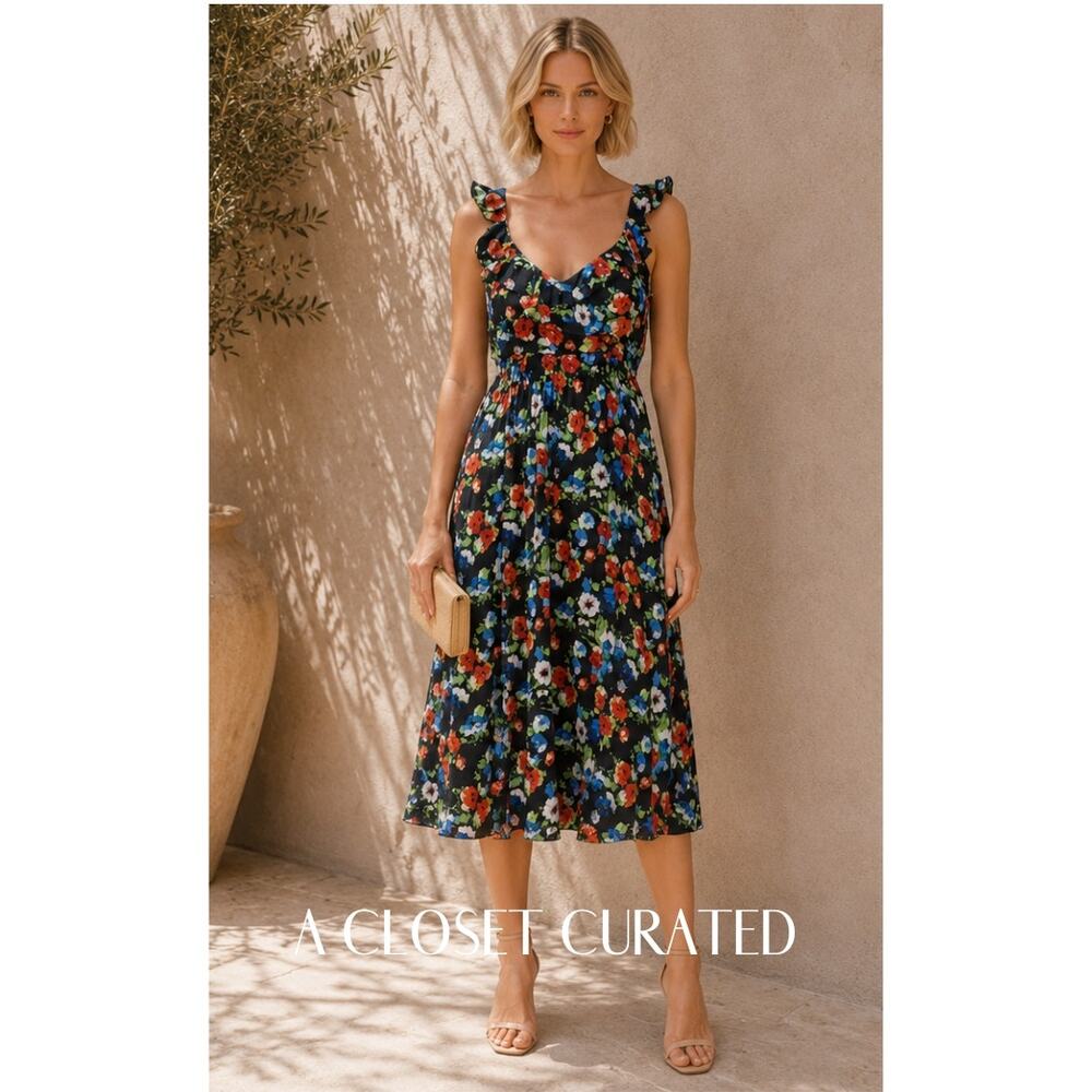 MSGM Floral Silk Ruffle Dress 4 Black Floral NEW